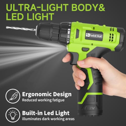 FADAKWALT Green 12V Cordless Drill Set with Battery & Charger, 21+1 Torque, LED Light