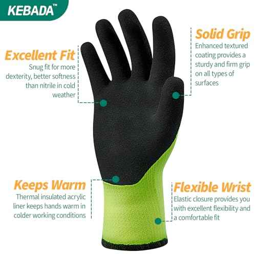 Kebada T3 Winter Work Gloves for Men and Women, Warm Knit Cold Weather Work Gloves, Thermal Insulated Freezer Gloves, 100% Latex Coating Non-slip Grip, Long Wrist Design, 1 Pair, Green, Large