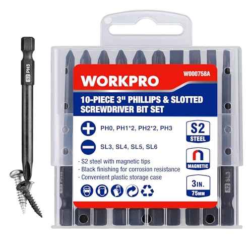 WORKPRO 10pcs Slotted Phillips Screwdriver Bit Set, S2 Steel Magnetic Screwdriver Bits Set, CNC Machined Tips, 1/4 Inch Hex Shank Driver Bits, 3 Inch Long Screwdriver Bits Set with Storage Box
