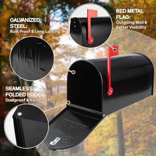 RAINHOL Large Black Mailbox - 23 x 10.7 x 8.9 Inches, Rust-Resistant Steel, Outdoor Use