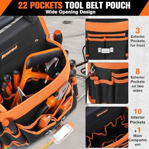Tool Belt Pouches, 22 Pockets Electrician Tool Pouch with Hammer Loops and Tape Clip, Detachable & Adjustable Single Side Belt Tool Pouch for HVAC Craftsman Contractor Electricians Carpenter