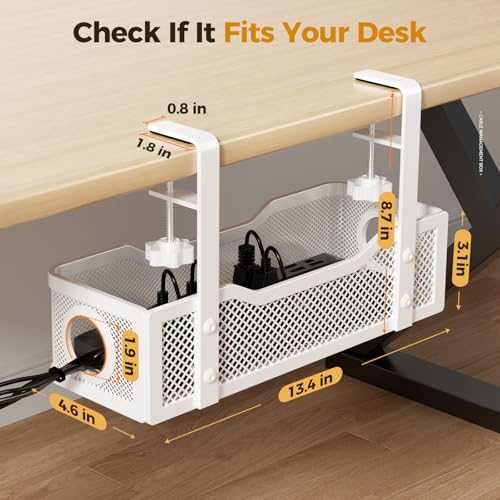 Cinati White Under Desk Cable Management Tray 13.4" Metal Cord Organizer - No Drilling, 1 Pack