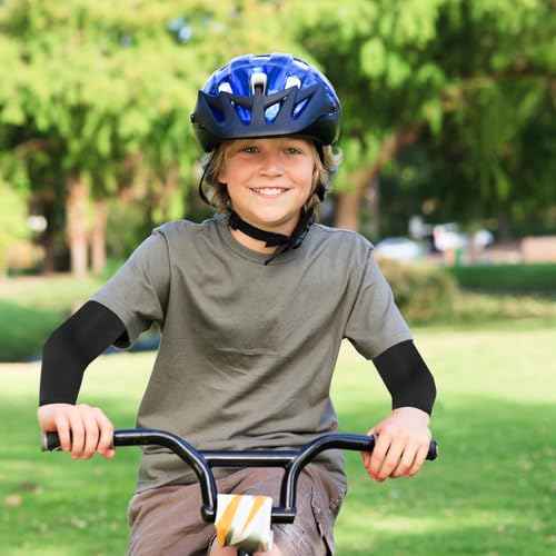 2 Pairs Kids Arm Sleeves - Breathable Elastic Compression Sleeves for Football, Basketball, Volleyball, Baseball - Youth Boys & Girls, Black