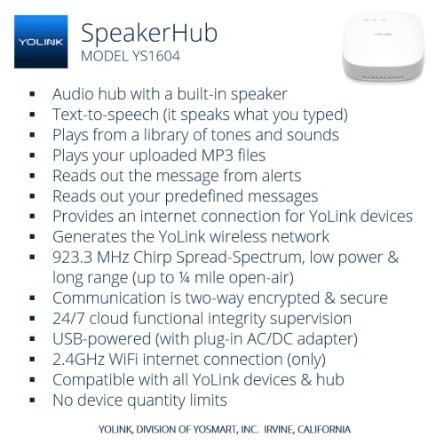 YoLink Water Leak Detection Starter Kit, w/SpeakerHub Audio/Talking Hub & Water Leak Sensor 1, LoRa Up to 1/4 Mile Open-Air Range, SMS/Text, Email & Push Notifications, w/Alexa, IFTTT, Home Assistant