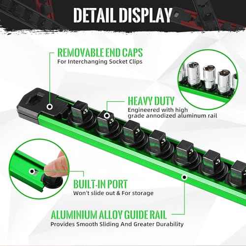 Magnetic Socket Organizer, 1-Piece Heavty Duty Aluminum Socket Holder, Socket Rail for Tool Box, Premium Quality 360¡Æ Swivel Socket Rack with 14 Clips for 3/8-Inch(Green)