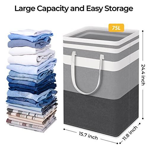 HomeHacks 2 Pack Large Laundry Baskets, Waterproof, Freestanding Laundry Hampers, Collapsible Clothes Hamper with Reinforced Handles in Laundry Room, College Dorm, Bathroom, Bedroom (Grey, 75Lx2)