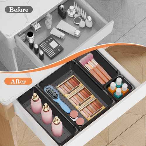 25 PCS Plastic Drawer Organizer Set, 4-Size Versatile Organizer Trays & storage Bins for Makeup, Jewelry, and Gadgets in Bathroom, Bedroom and Office,Clear Black