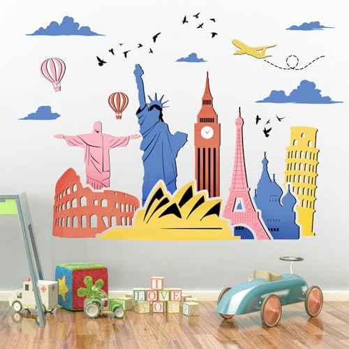 Yovkky World Famous Landmarks Buildings Wall Decals Stickers, Globe Travel Statue of Liberty Architecture Home Bedroom Decor, Airplane Hot Balloon Cloud Tourist Living Room Kitchen Decorations Art