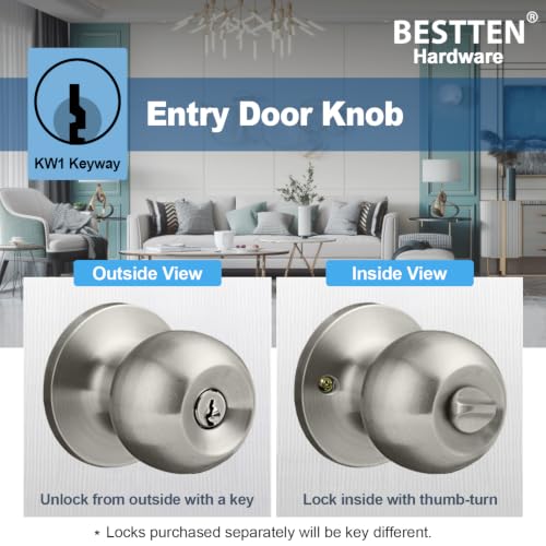 BESTTEN Satin Nickel Keyed Entry Door Knob with Lock - Heavy Duty Interior & Exterior Door Lock, Standard Ball Handle, Easy DIY Installation