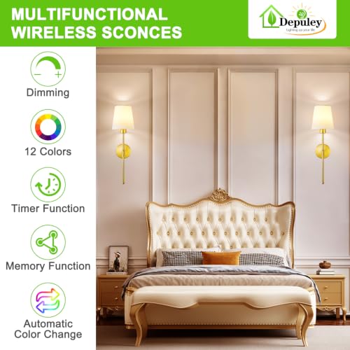 Depuley Gold Wall Sconce Set of 2 - 24 Inch Rechargeable Wireless LED Wall Lights with Remote, 15 Colors & Dimmable Bulbs, Bedroom Living Room Decor