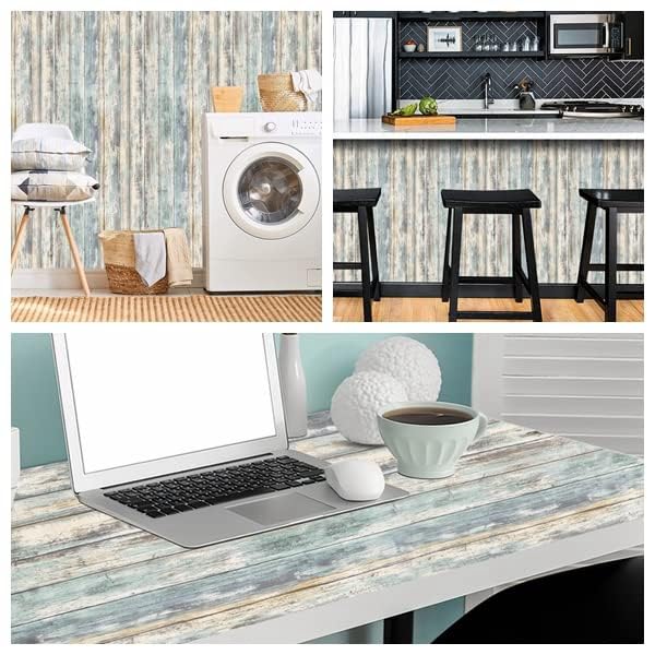 Blue Rustic Wood Wallpaper Peel and Stick 17x120 Inches - Removable Vinyl Wall Covering for Furniture & Walls