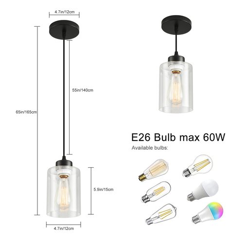 CAFULAM Modern Black Farmhouse Pendant Light with Glass Shade,Industrial Pendant Lighting, Adjustable Hanging Light Fixtures, Farmhouse Pendant Lighting
