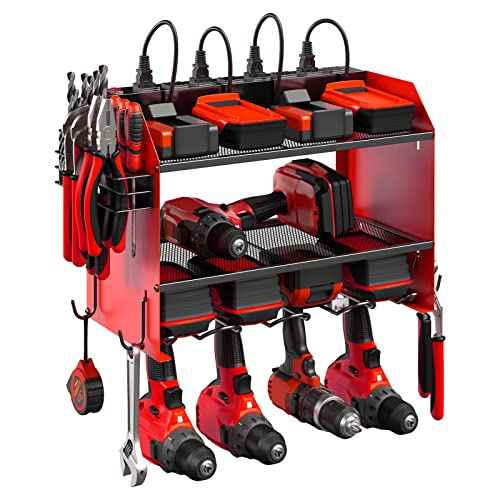CCCEI Modular Power Tool Organizer Wall Mount with Charging Station. Garage Drill Storage Shelf with Hooks, Heavy Duty Rack, Tool Battery Holder Built in 8 Outlet. Gift for Men. Red, 1 Pack.