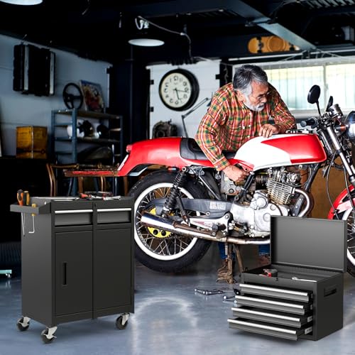 Goplus 5-Drawer Rolling Tool Chest with Detachable Top Box - Black, Lockable Wheels & EVA Liner