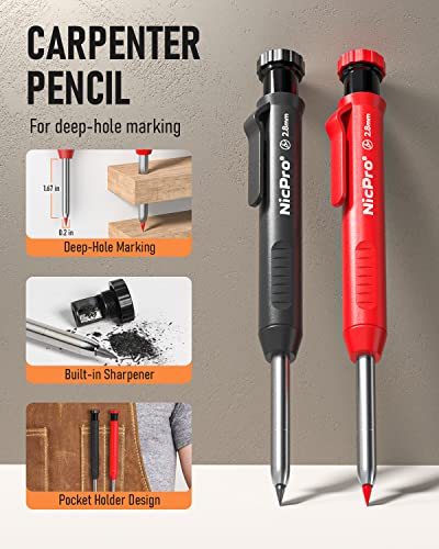 Nicpro 2-Pack Mechanical Carpenter Pencils with Deep Hole Tip, Sharpener & Refills - Black & Red Construction Marking Tools