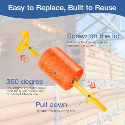 Mason Line with Handle #18, 540 Ft String, with 5 Built-in Levels and Spool Fluorescent String Line, Braided Nylon String for Gardening or Masonry Tools, Construction Twine for Outdoor Projects