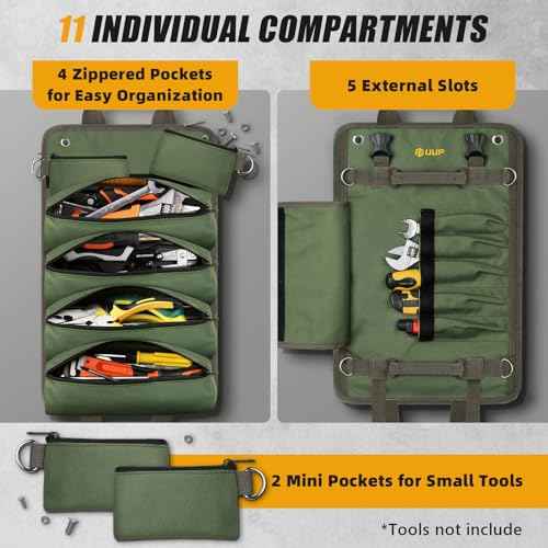 Tool Bag Roll Up, UUP Heavy Duty Portable Soft Tool Storage Organization, Foldable Empty Rollup Organizer with 2 Small Pouches, Rollable Carrying Toolbag, Dad Men Mechanic Welding Birthday Gift, Green