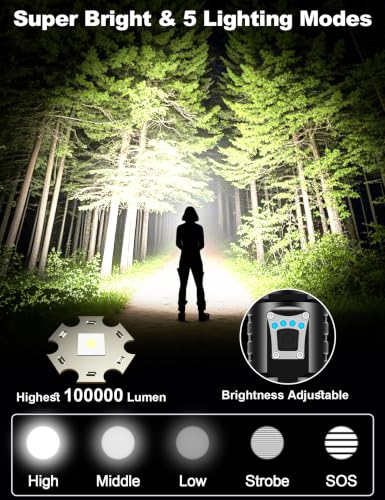 PHIXTON 6.65-Inch Rechargeable Super Bright LED Flashlight 100000 Lumens, Long Range 3280FT, USB-C, Long Lasting, Zoomable, Camping & Emergency Use
