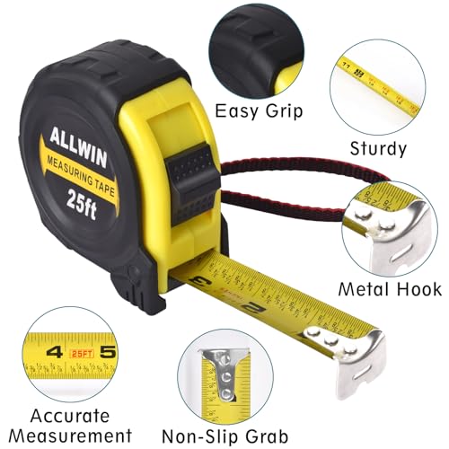 ALLWIN Yellow 25 Ft Metal Retractable Tape Measure with Fractions, Easy Read, 1-Inch Wide - 7.6 M