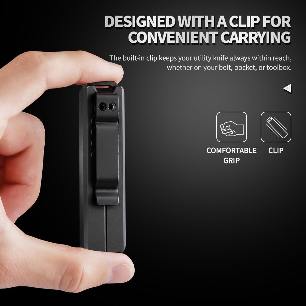 cckk Utility Knife, Aluminium Alloy Pocket Knife with Clip, Black Pocket Knife, EDC Razor Knife with 20PCS #23 Blades