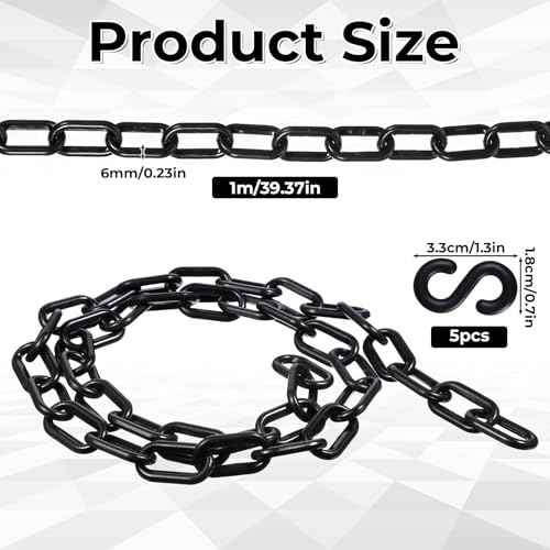 Black Plastic Chain Links, 3 Ft 6mm Plastic Chains with 5 S-Hooks, Linking Chains for Barriers, Crowd Control, Parking, Fences, Gates, Concerts, and Decoration