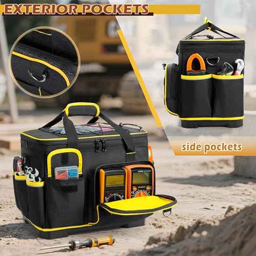 16-inch Tool Bag with Hard Bottom and a Detachable Divider, Heavy Duty Tool Tote with Multiple Pockets, Black