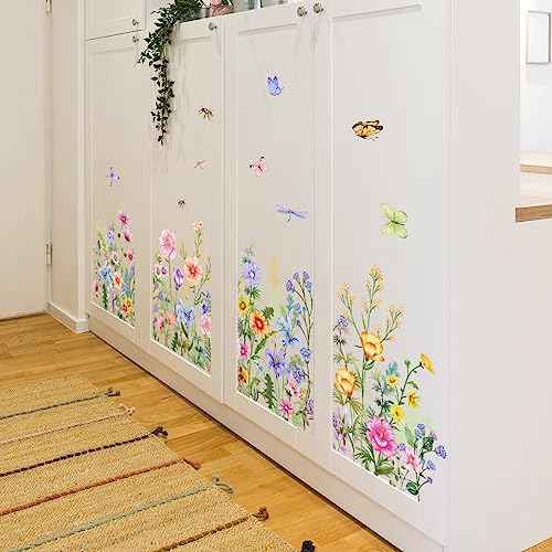 Floral Wall Stickers, Wildflowers Grass Butterfly Wall Clings, DIY Spring Summer Natural Flower Greenery Wall Decals for Bedroom Living Room TV Office Home Decorations