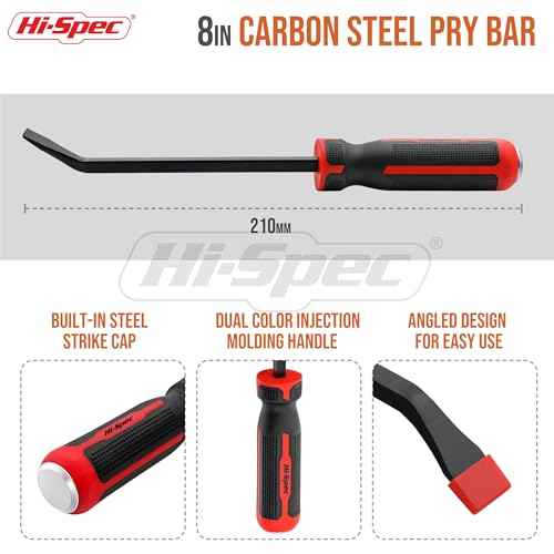 Hi-Spec 1pc Short Small Steel Pry Bar. Ergonomic Non-Slip Handles with Heavy Duty Striking Cap for Wood, Tiles, Trim and Molding. 8" (0.6ft) / 0.2m Total Length.