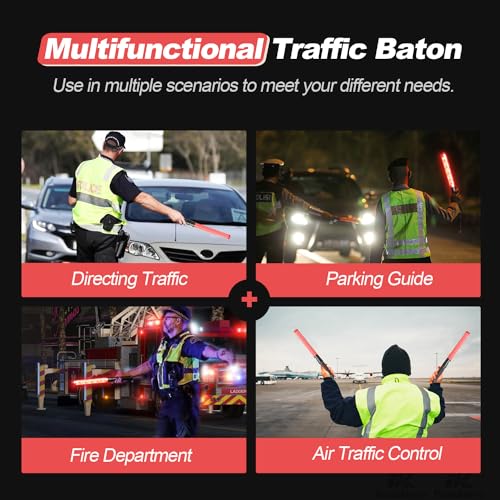 RoadHero 4 Pack Traffic Batons, 16 Inch LED Traffic Control Batons, Safety Light Wands with 2 Flashing Modes, Air Marshaling Signal Wand with Side Clip for Airport, Parking, Car Directing