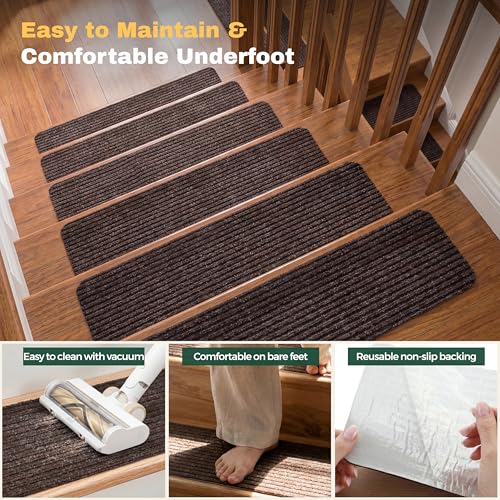 MBIGM Brown Stripe Carpet Stair Treads - 15 Pack, 8x30 Inches, Non-Slip Safety Step Covers