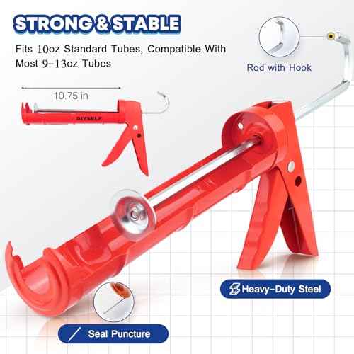 DIYSELF Caulk Gun No Drip, Heavy Duty Caulking Tool, 10:1 Thrust Ratio, Hand Caulking Gun for 10 oz Cartridges, Silicone Gun Compatible with Sealant, Acrylic, Latex, Adhesive, Butyl & More (Red)