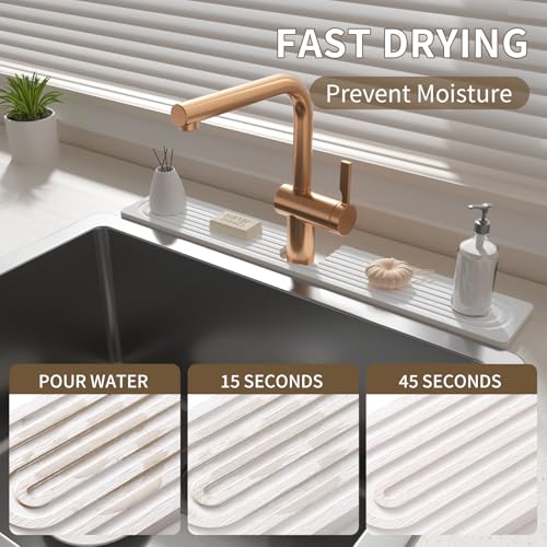 IMGROSE Faucet Mat for Kitchen Sink, Diatomite Stone Drying Sink Protectors, Bathroom Faucet Splash Guard, Quick Dry Water Absorbing, Non-Slip Stone Tray for Kitchen Counter, White, 23.6" x 3.9"