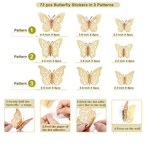 Crosize Gold Butterfly Wall Decorations - 72 Pcs, 3 Sizes & 3 Styles, Removable 3D Murals