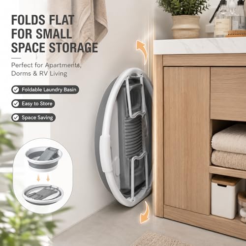 VEMJO Gray White 20x20 Inch Collapsible Laundry Basin with Detachable Washboard, 8 Gallon Capacity for Hand Washing, Camping & Small Spaces