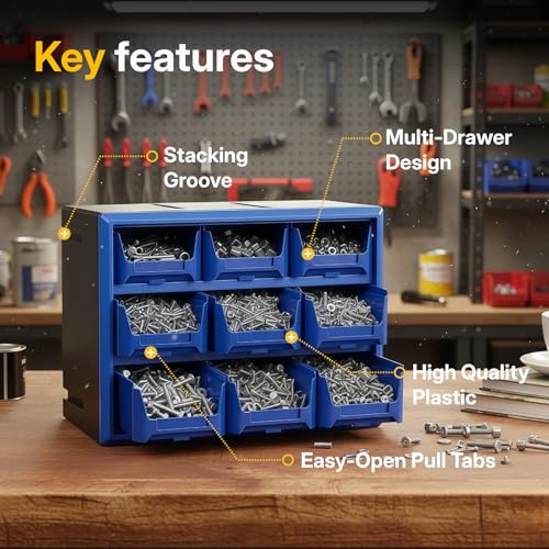 Northsky 9-Drawer Plastic Parts Organizer (Blue) – Stackable Hardware & Craft Storage