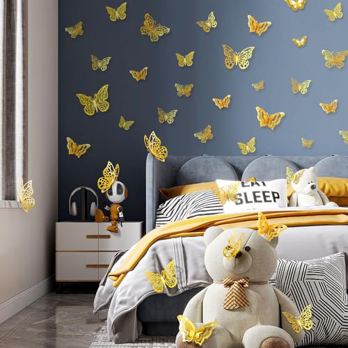 A-Gold 96PCS 3D Butterfly Wall Decor for Cake and Room Decoration