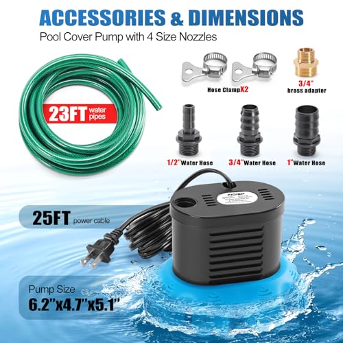 FIDISP Deep Blue Pool Cover Pump 850 GPH Water Drain with 23FT Hose