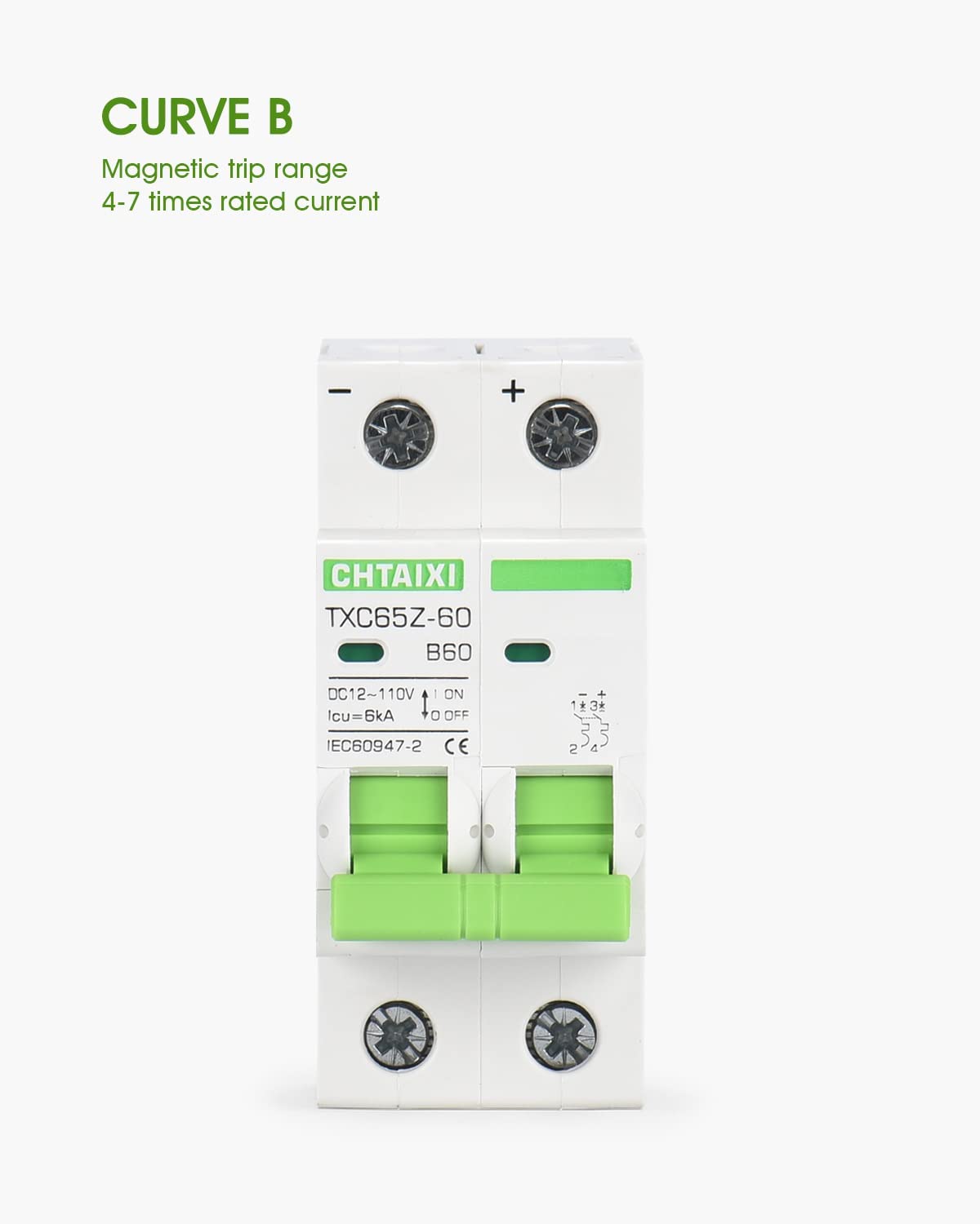 12V-110V DC Miniature Circuit Breaker, 60 Amp 2 Pole Battery Breaker Protector for Solar PV System and RV, Thermal Magnetic Trip, DIN Rail Mount, Chtaixi DC Disconnect Switch B60