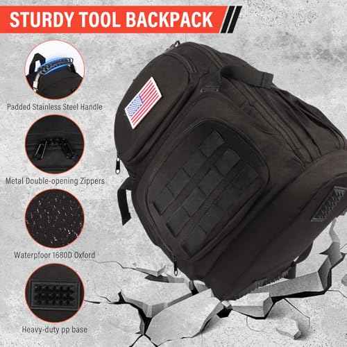 Tool Backpack Heavy Duty Tool Bag with Padded Shoulder and Removable Tool Organizer backpack tool bag with Multiple Pockets for Electrician, Plumber, HVAC, Cable Repairman