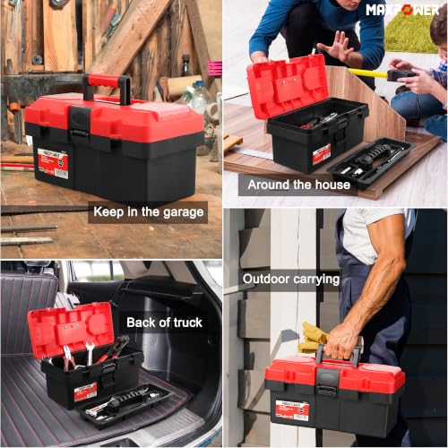 MAXPOWER 14-Inch Small Tool Box with Handle, Red Plastic Toolbox