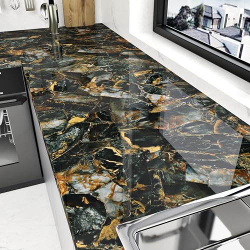 Glossy Black Gold Marble Contact Paper Peel and Stick for Countertops Black Marble Wallpaper Removable Countertop Contact Paper Waterproof for Kitchen Cabinets Backsplash Table 15.7"¡¿78.7"