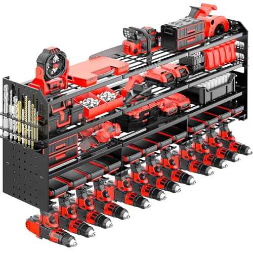 Large Power Tool Organizer Wall Mount-12 Drill Holder, Metal Heavy Duty Garage Tool Storage Shelves with Screwdriver Plier Holder, Gifts Idea for Men Dad Husband