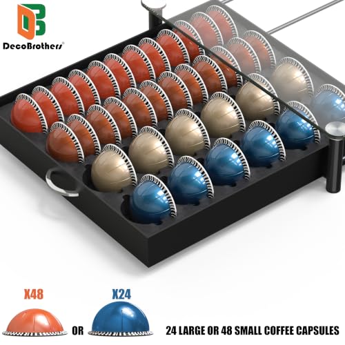 Deco Brothers 24 Large / 48 Small Vertuo Pod Holder - Tempered Glass Sliding Drawer, Black (48 pcs)