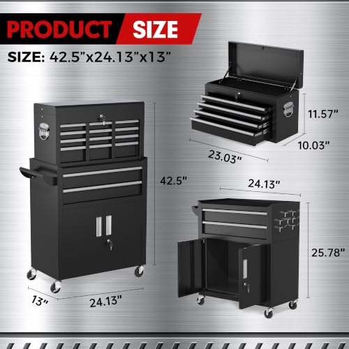 INTERGREAT 8-Drawer Rolling Tool Chest with Wheels, Detachable Top Box, Locking System – Black