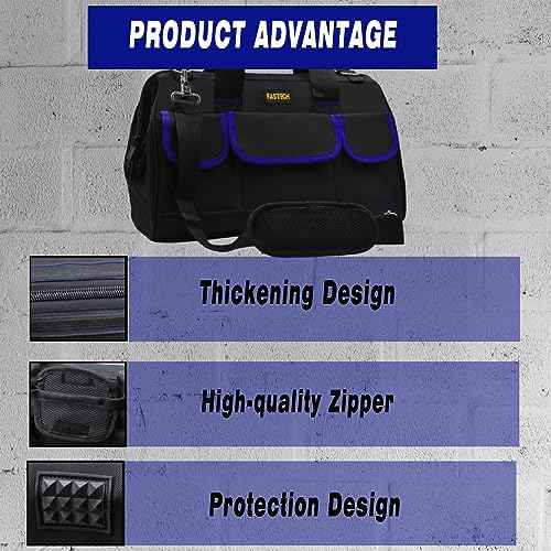 FASTECH 22 Inch Tools Bag, Waterproof Wide Mouth Tool Kit, Tools Big Bag, Heavy Duty Tool Tote Organizer With Adjustable Shoulder Strap For Men/Women (22IN Blue)