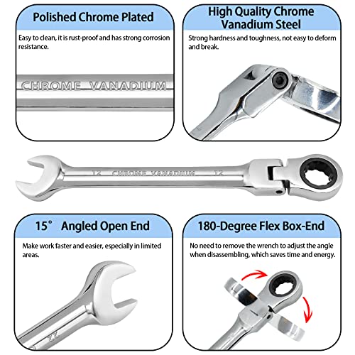 12mm Flex Head Ratchet Wrench, 12 Point Chrome Vanadium Steel Combination Spanner with 72 Tooth Ratcheting Gear, Metric Industrial Grade Tool for Automotive and Mechanical Maintenance