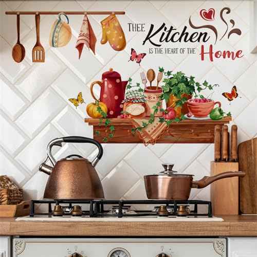 Bowl Kitchenware Utensil Shelf Wall Stickers, sacinora Kitchen is the Heart of Home Butterfly Green Plants Wall Decal Removable Vinyl Peel and Stick for Kitchen Dining Restaurant Baking Room Bar Decor