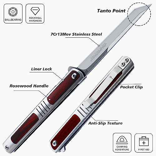 Pocket Knife for Men, 3.5 inch Folding Knife with Pocket Clip,Rosewood Handle Tanto Knife, Great Gift For Men and Women