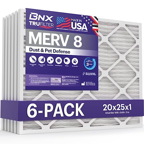 BNX 20x25x1 MERV 8 Air Filter Pack of 6 - Made in USA, Dust & Pet Defense