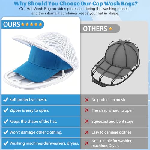 Eiito Hat Washer Cage & Mesh Bag Set - 2 White Mesh Bags for Baseball Caps & More